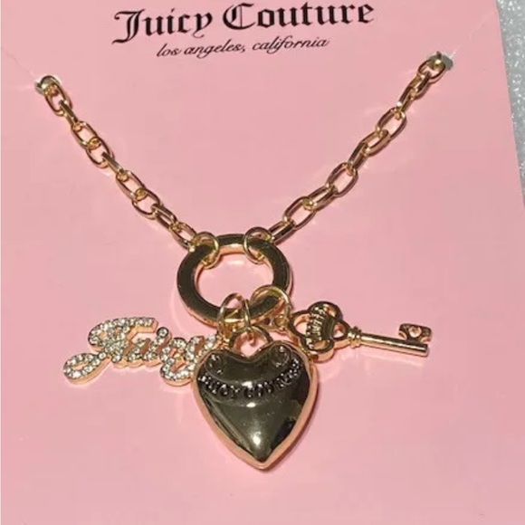 Juicy Couture goldtone puff heart key juicy crystal charm toggle necklaceNIB NWT - Picture 2 of 8